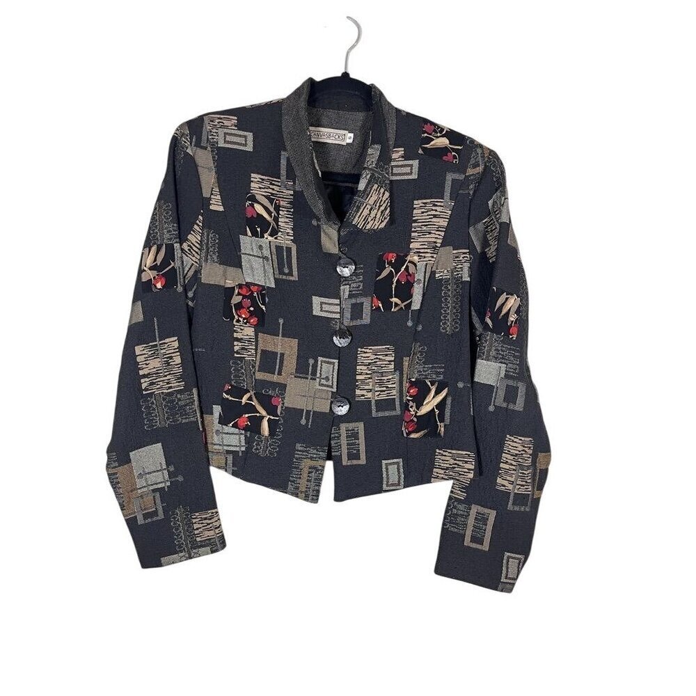 Vintage Floral Jacket S Black Patchwork Retro Edgy Urban Preppy Boho Classic 80s